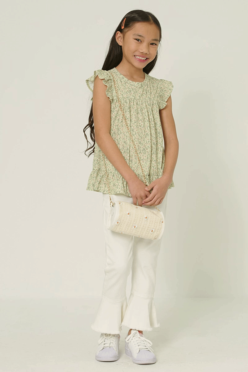 Girls Textured Floral Knit Ruffle Detail Tank