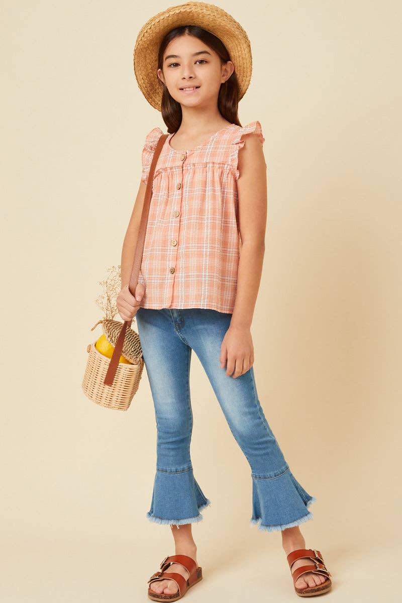Hayden LA - Girls Textured Plaid Ruffled Button Up Tank