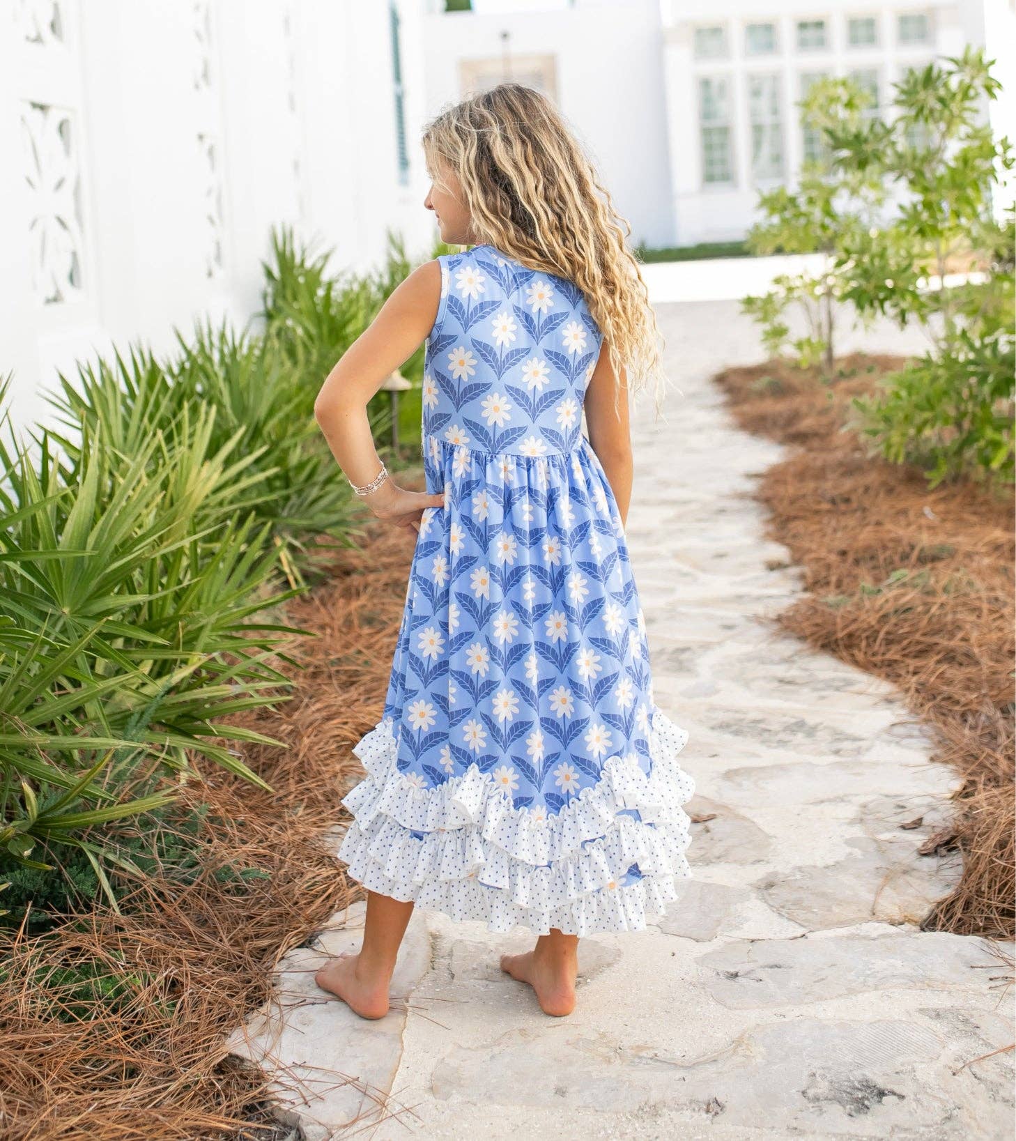 Girls Olivia 3 Ruffle Blue Floral Summer Dress