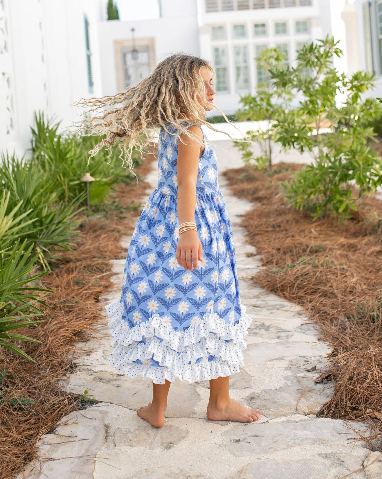 Girls Olivia 3 Ruffle Blue Floral Summer Dress