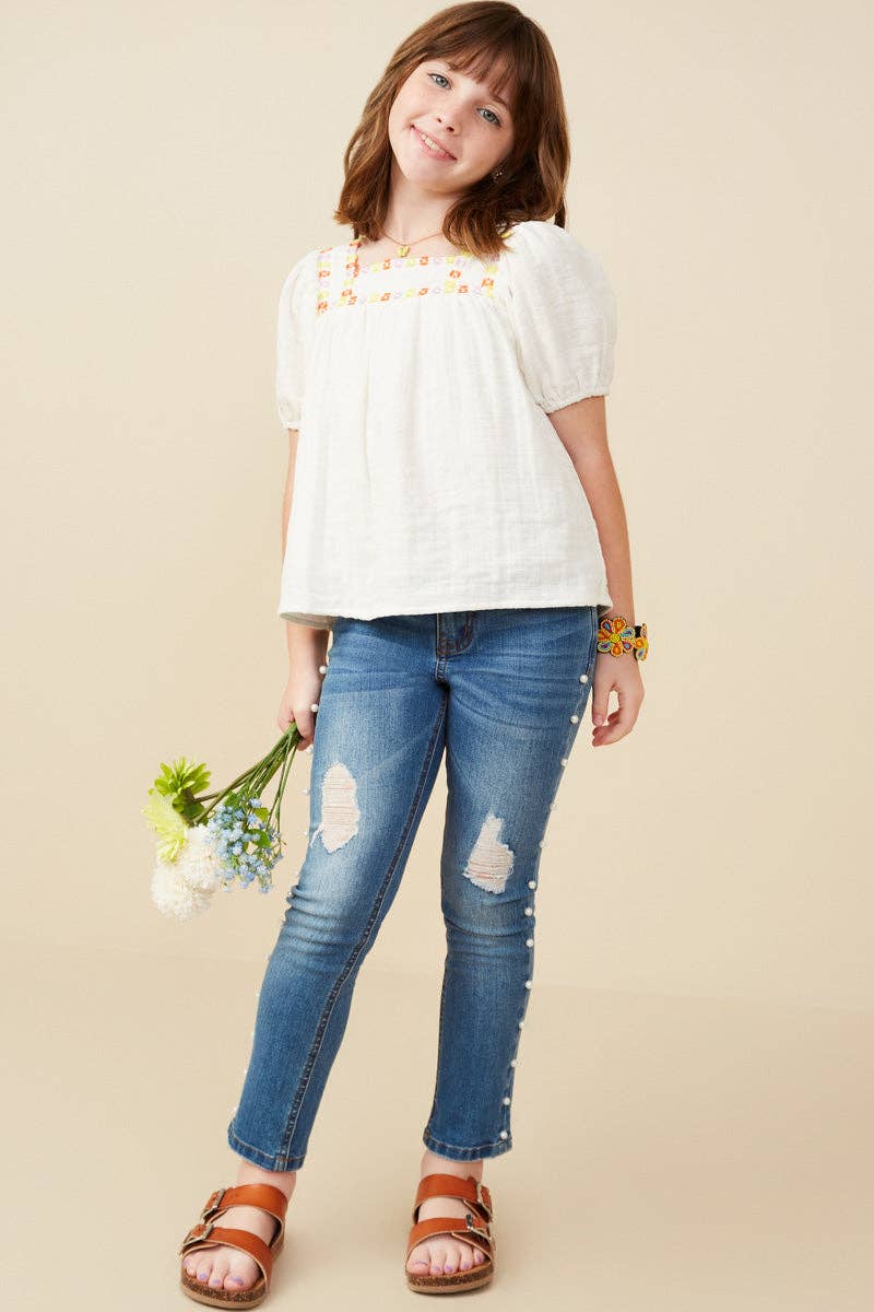 Hayden LA - Girls Contrast Floral Lace Square Neck Textured Top