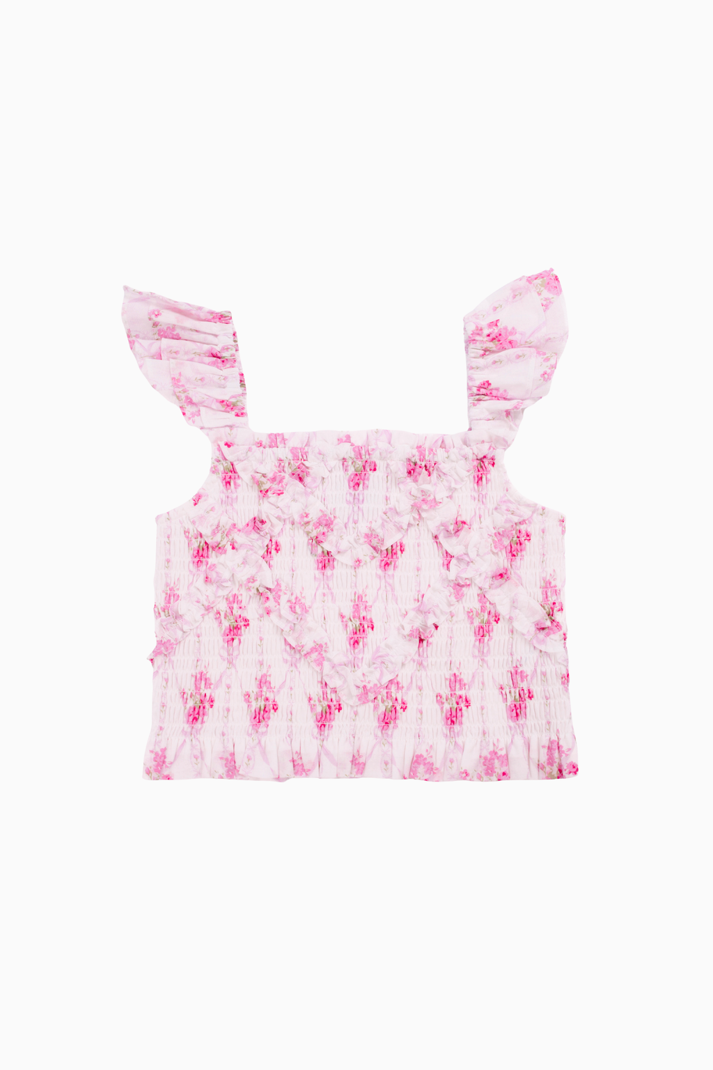 The Hallie Ruched Tween Top - Pink Floral Ruffle