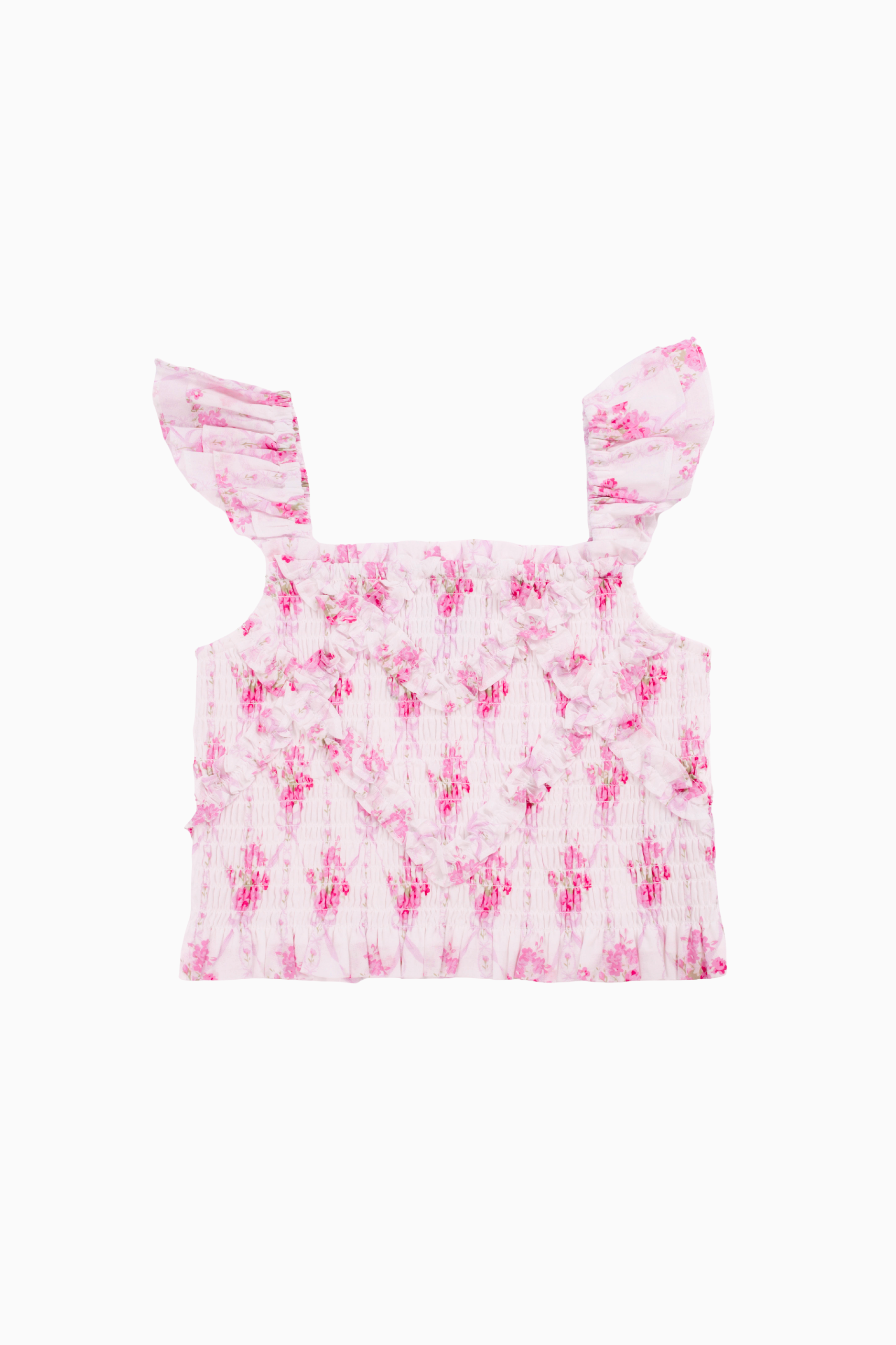 The Hallie Ruched Tween Top - Pink Floral Ruffle