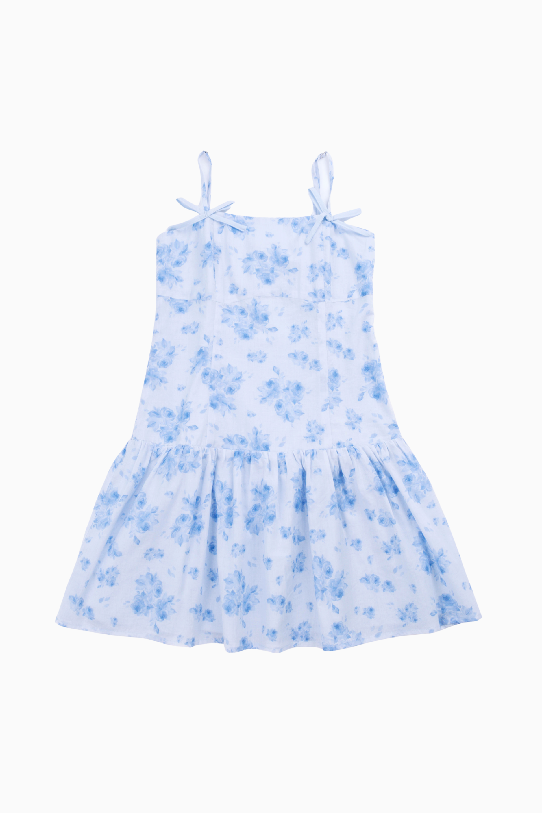 The Nicole Bow Tween Dress - Blue Floral Ruched