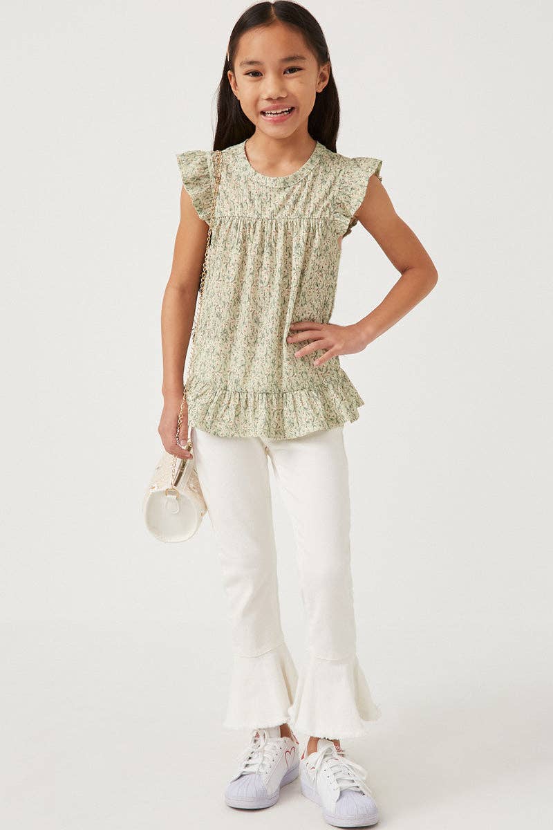 Girls Textured Floral Knit Ruffle Detail Tank