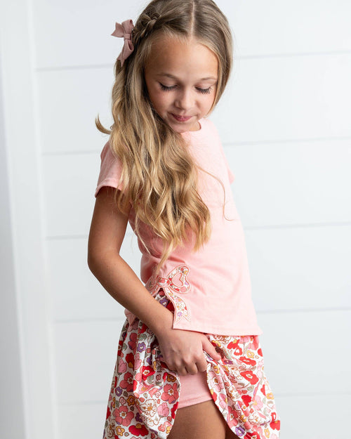 Girls Peach Floral Bow Spring Summer Skort Set