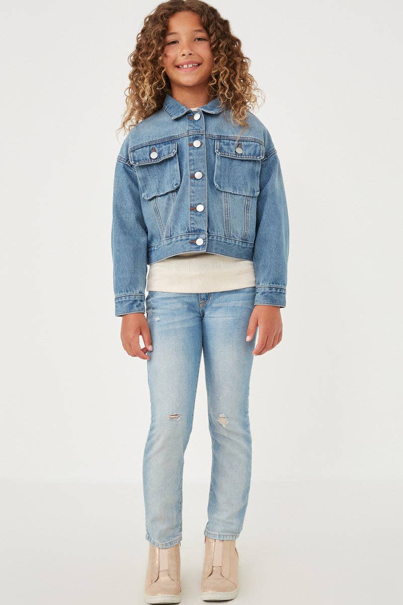 Girls Cargo Pocket Washed Denim Jacket