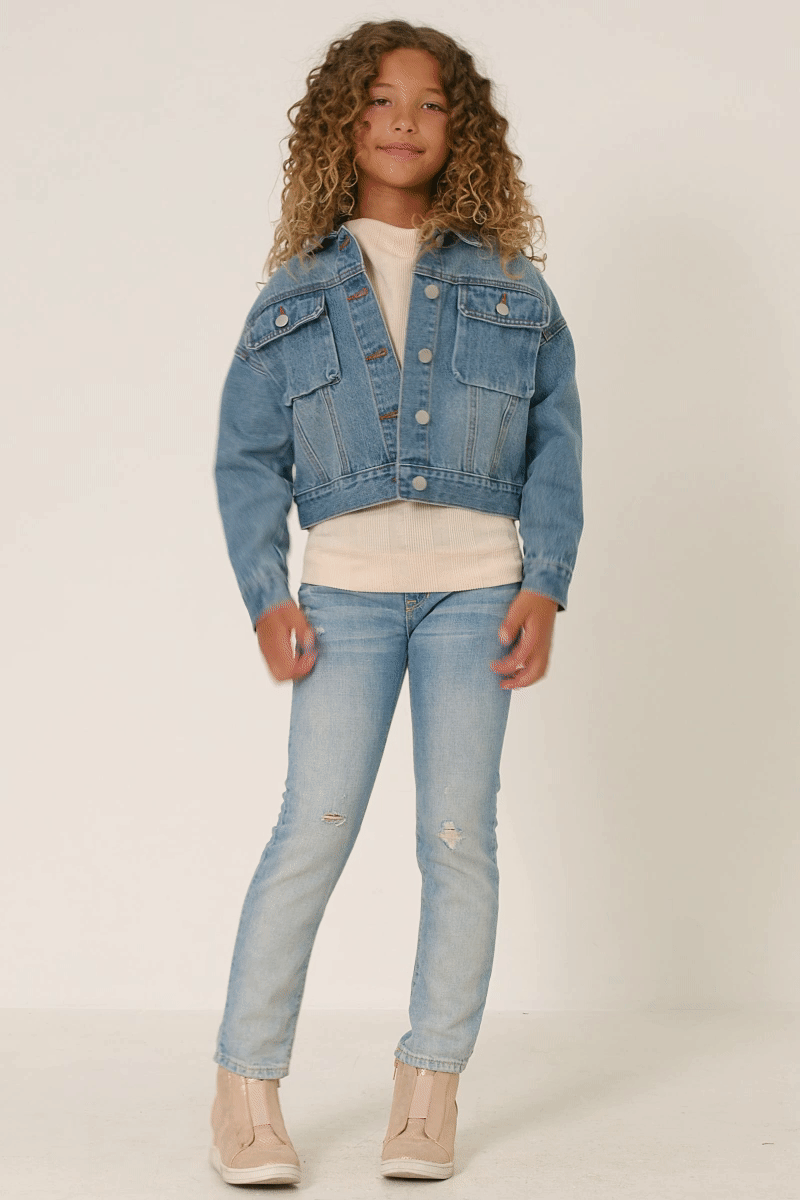 Girls Cargo Pocket Washed Denim Jacket