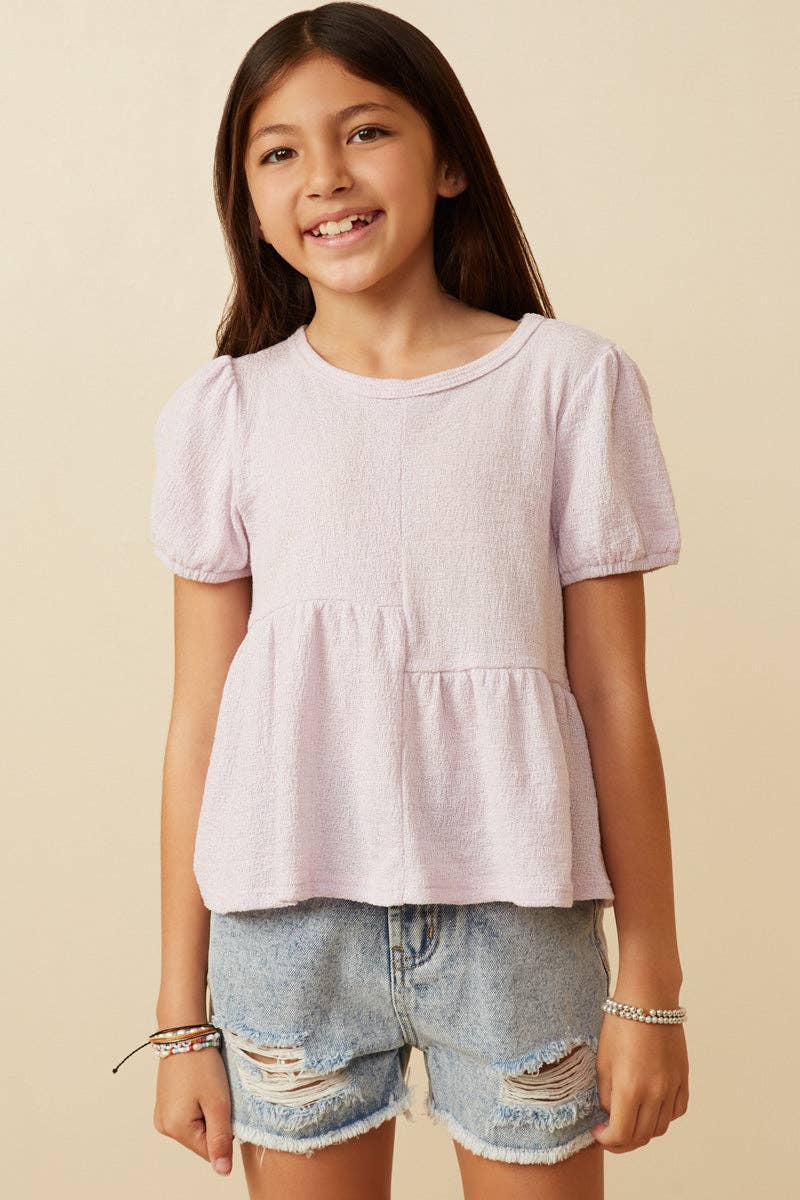 Girls Textured Puff Sleeve Asymmetric Panel Knit Top