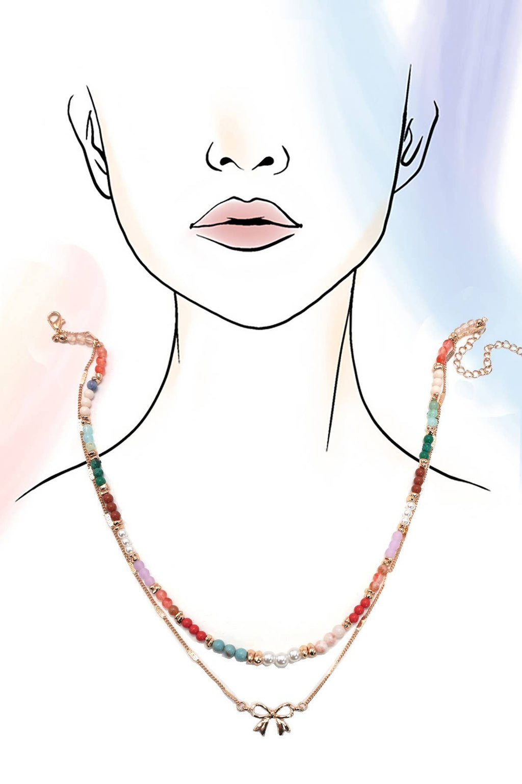 MULTI BEADED BOW CHARM DOUBLE LAYER NECKLACE | 80N91498