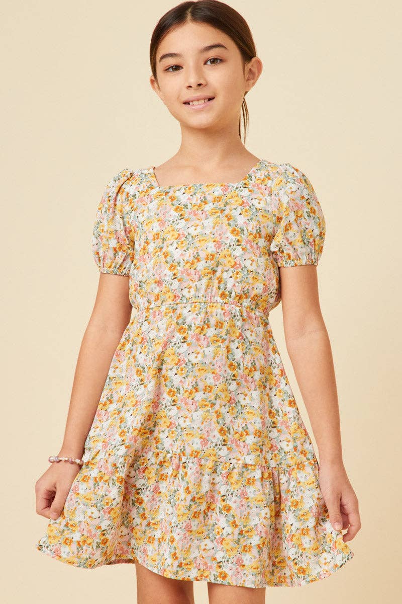 Girls Puff Sleeve Floral Tied Square Neck Dress