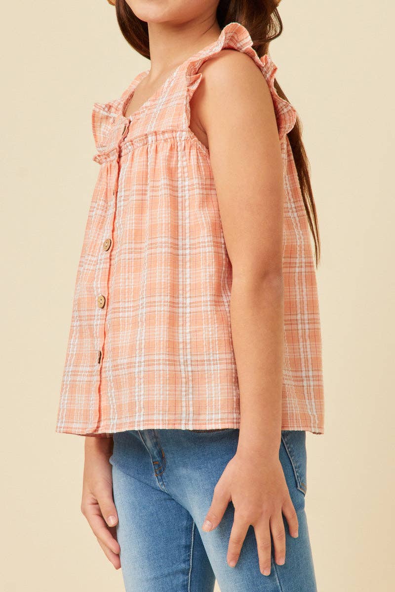 Hayden LA - Girls Textured Plaid Ruffled Button Up Tank