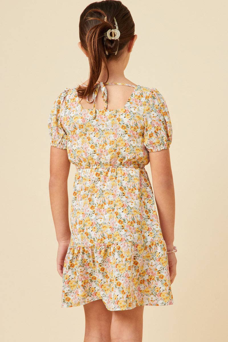 Girls Puff Sleeve Floral Tied Square Neck Dress