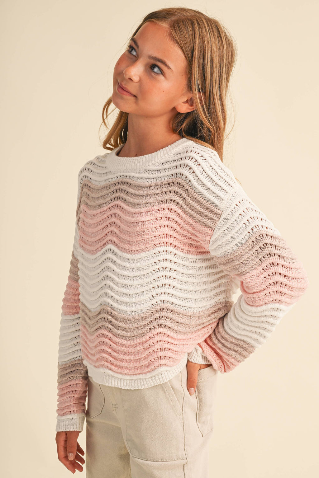 CREW NECK WAVY RIB KNIT PULL OVER