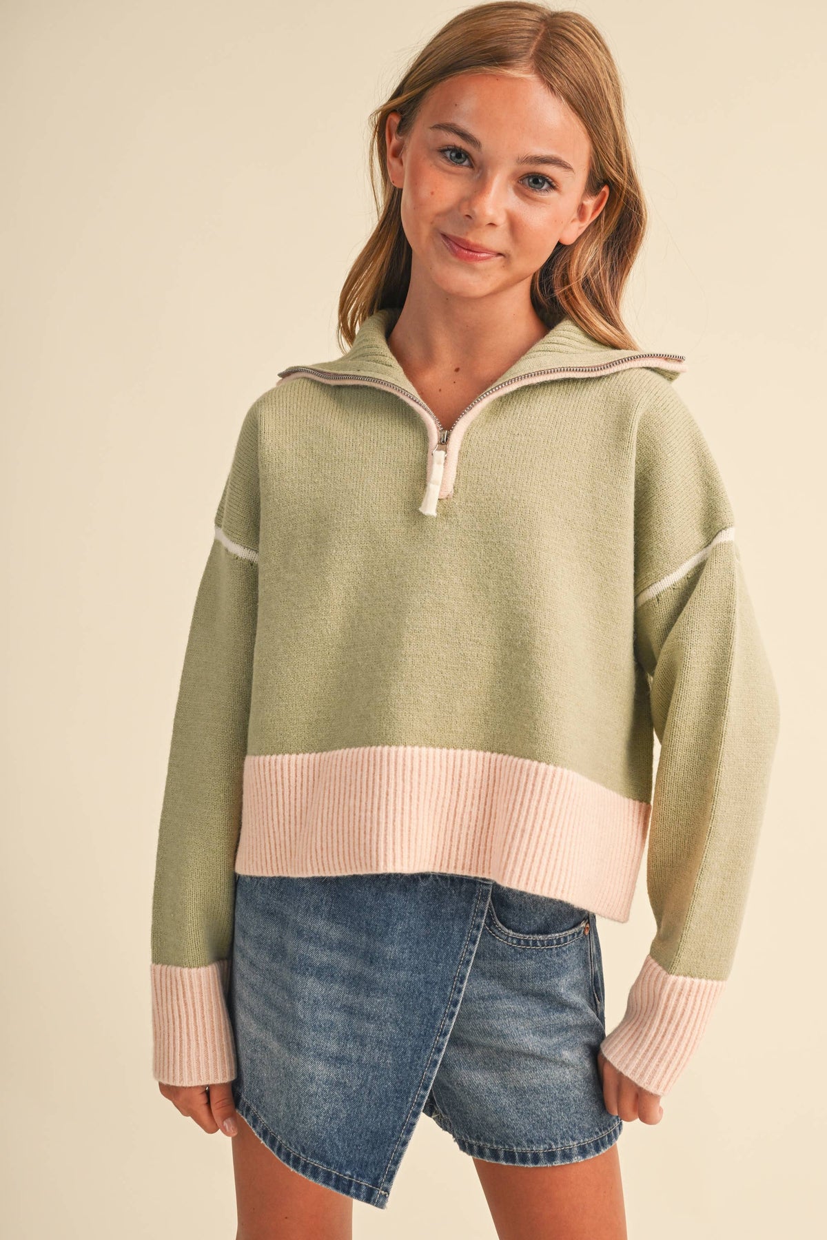 TWEEN KIDS GIRLS HALF ZIP COLLAR SWEATER (7-14)