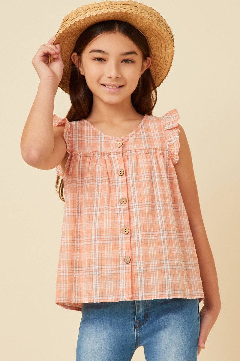 Hayden LA - Girls Textured Plaid Ruffled Button Up Tank