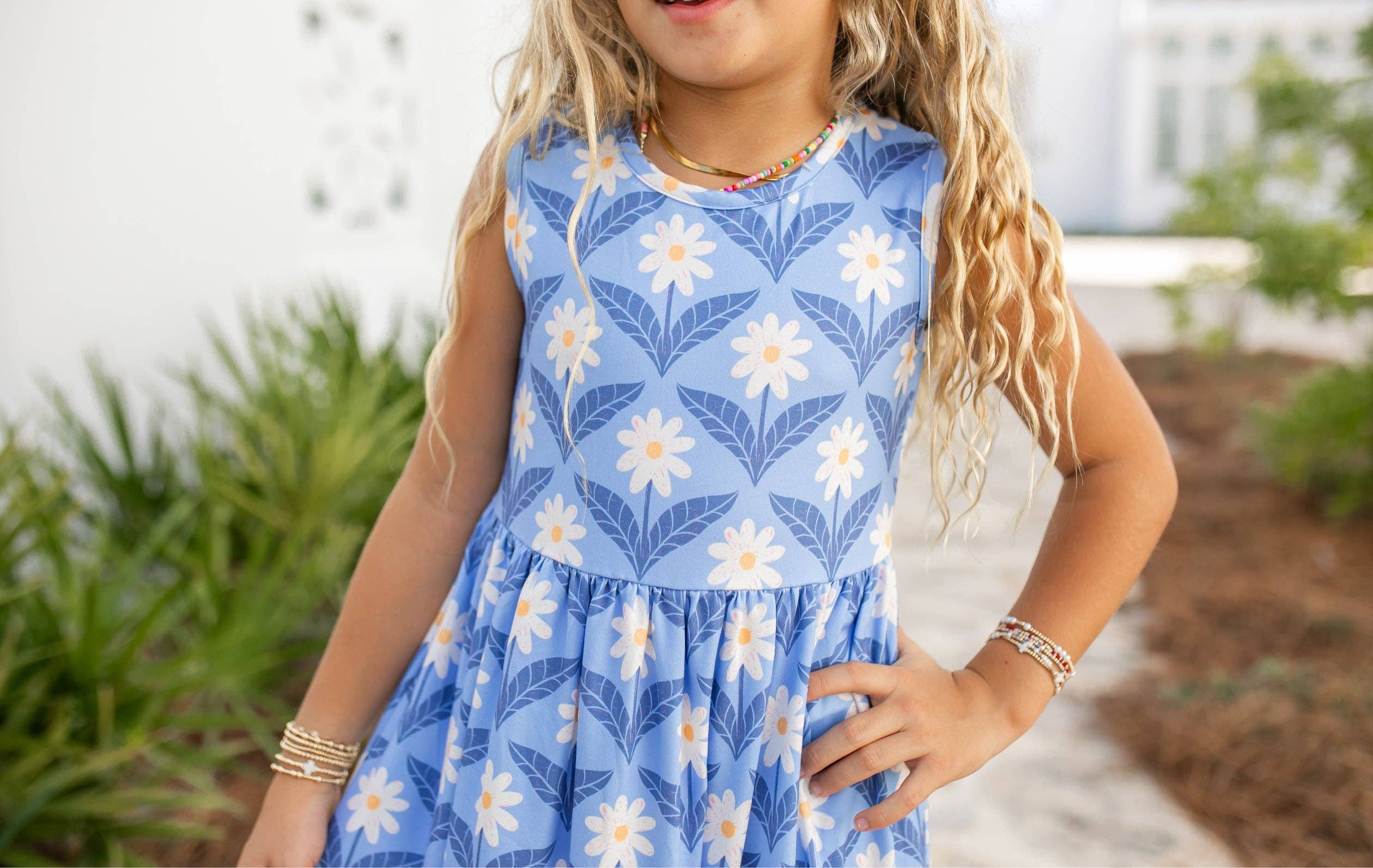 Girls Olivia 3 Ruffle Blue Floral Summer Dress