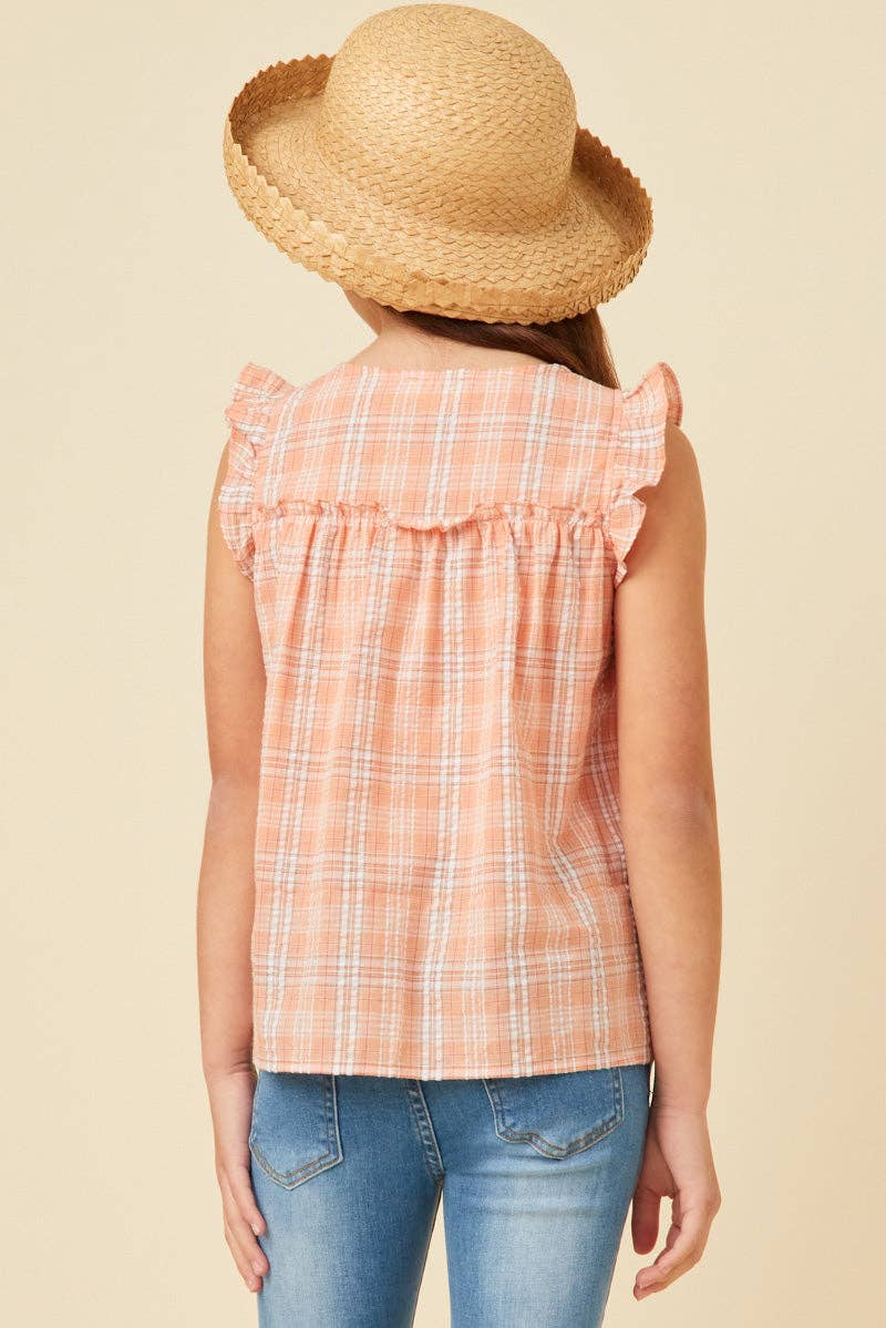 Hayden LA - Girls Textured Plaid Ruffled Button Up Tank