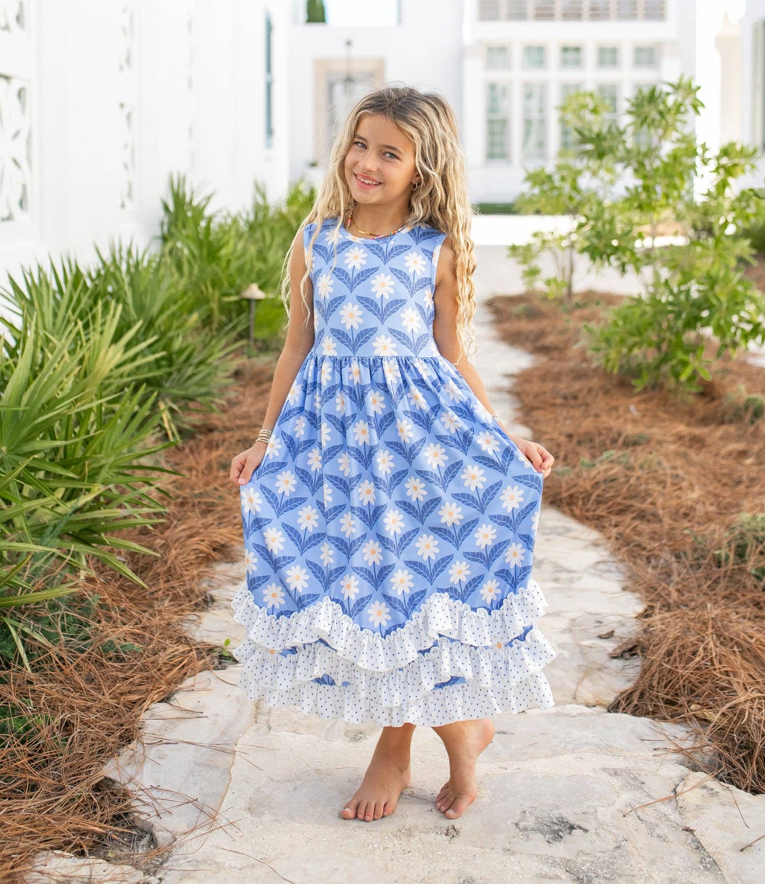 Girls Olivia 3 Ruffle Blue Floral Summer Dress