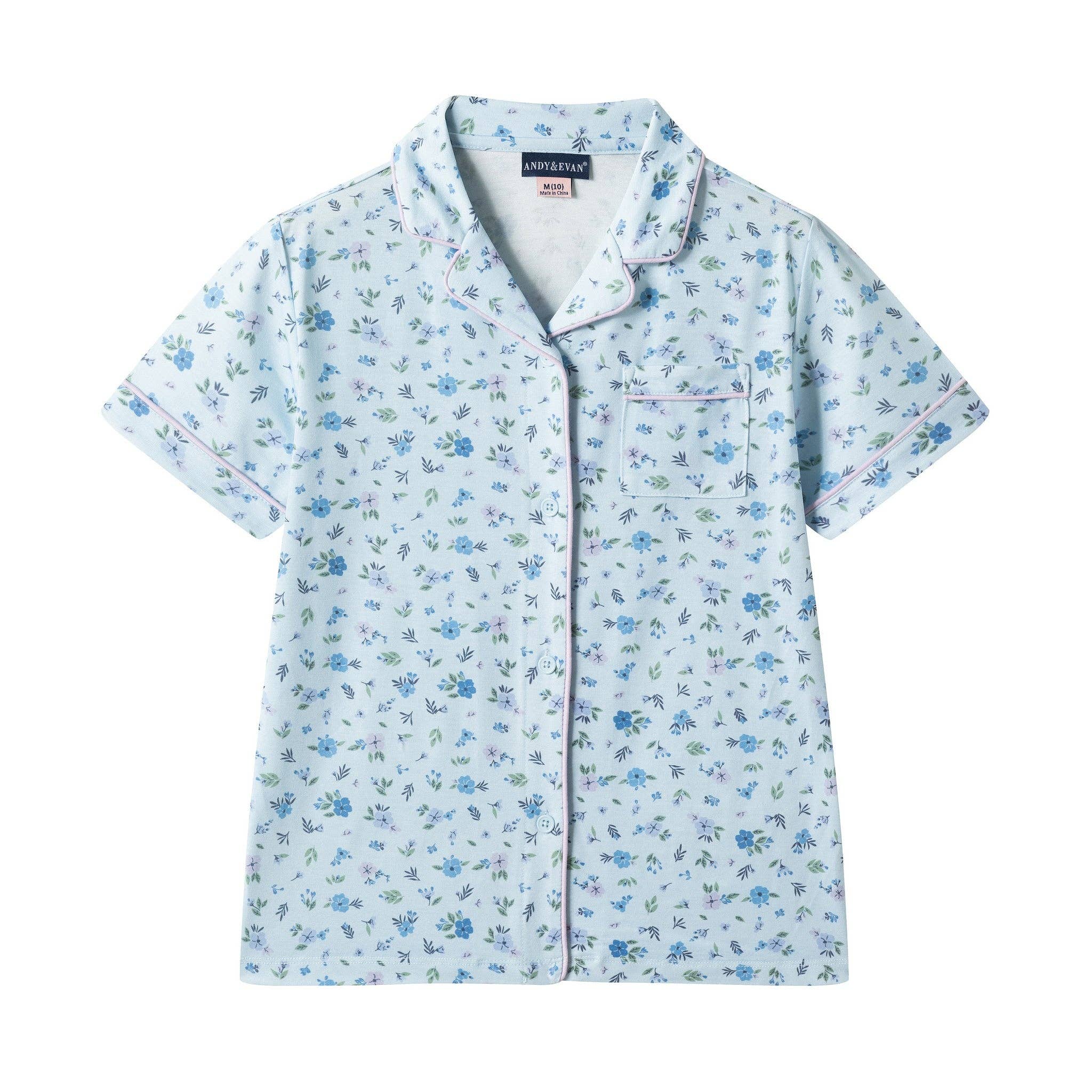 Tween Girls Buttondown Pajama Set | Blue Floral