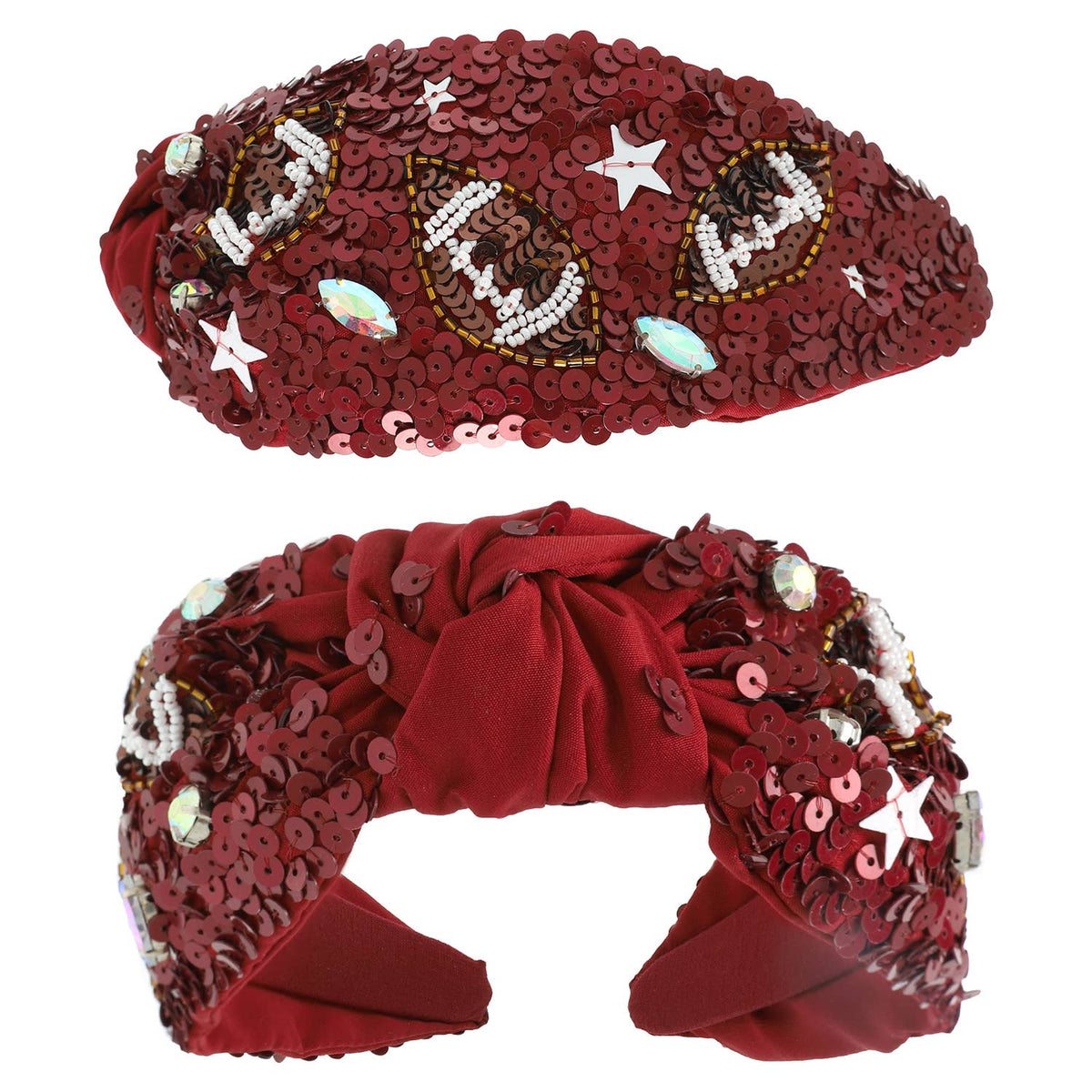 Red, Navy & Purple Football Top Knotted Jeweled Beaded Headband