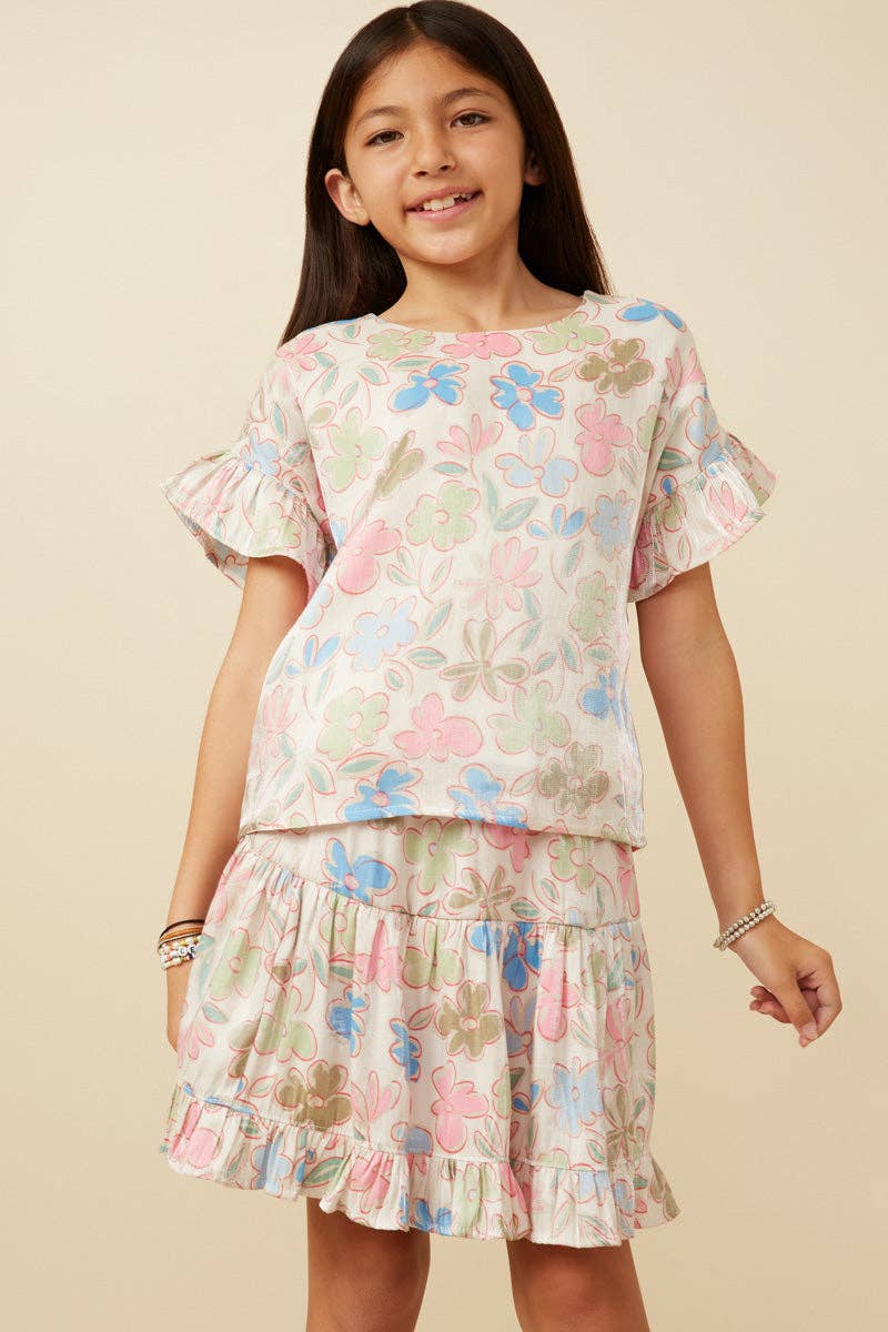 Hayden LA - Girls Floral Ruffle Sleeve Foiled Top