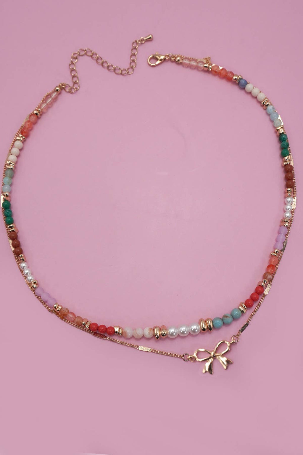 MULTI BEADED BOW CHARM DOUBLE LAYER NECKLACE | 80N91498