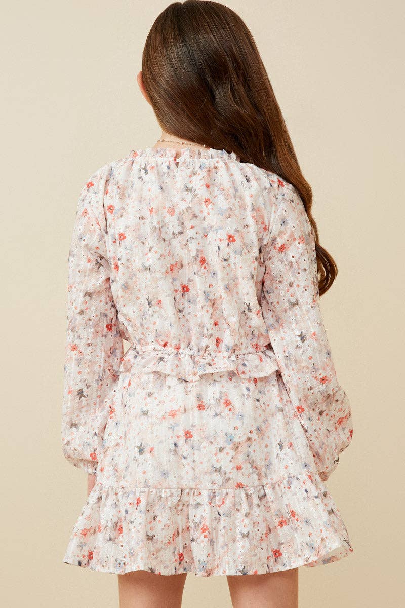 Girls Eyelet Embroidered Floral Cinch Waist Top