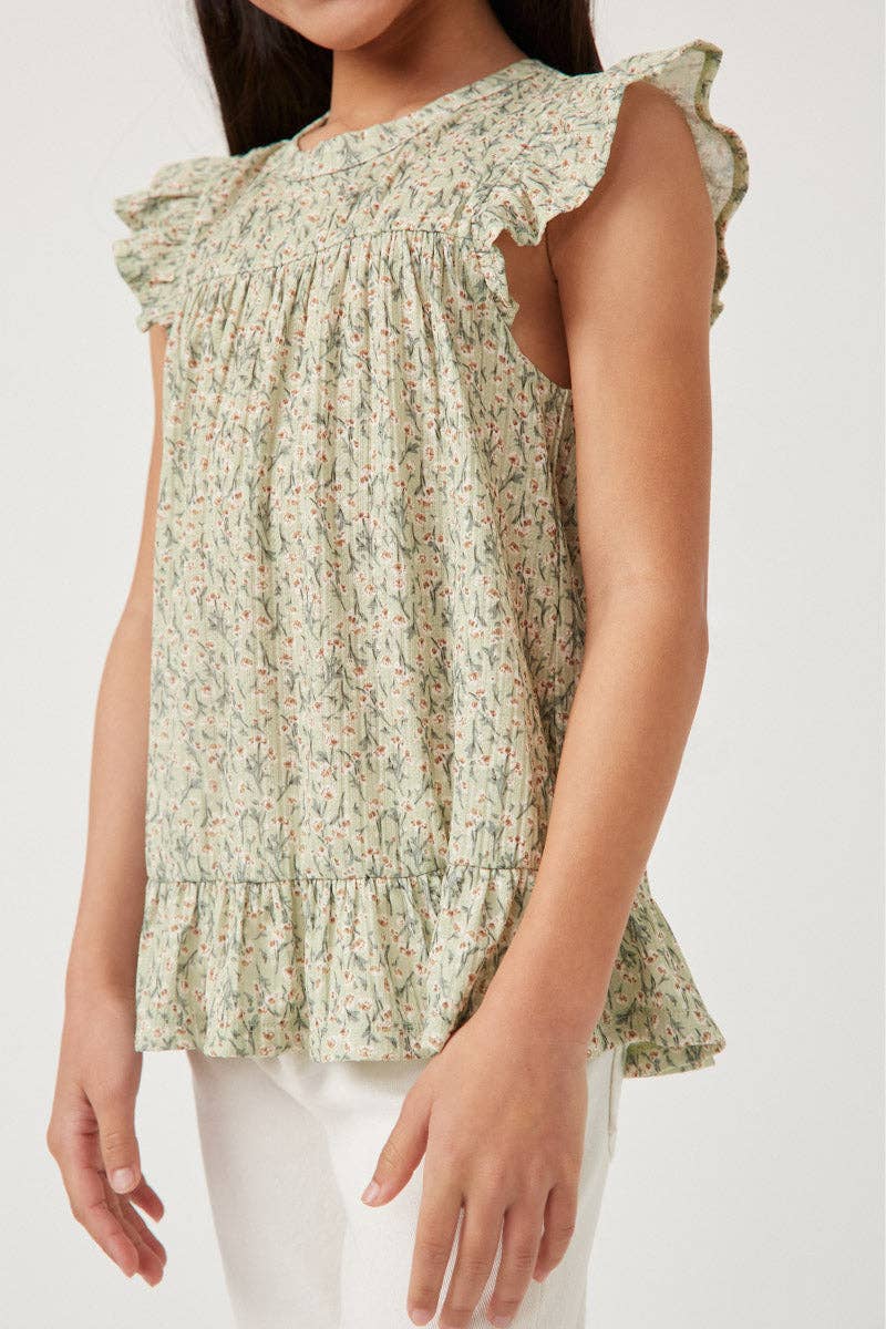 Girls Textured Floral Knit Ruffle Detail Tank