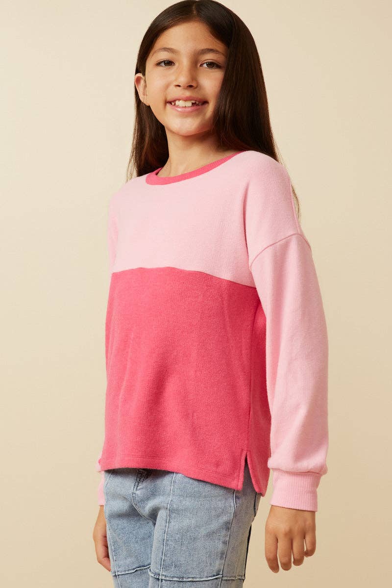 Girls Soft Brushed Color block Long Sleeve Knit Top