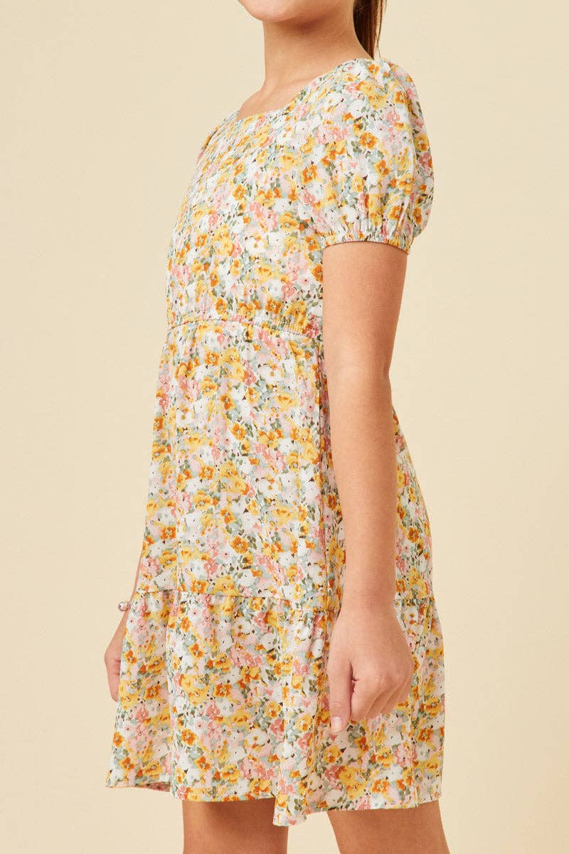 Girls Puff Sleeve Floral Tied Square Neck Dress