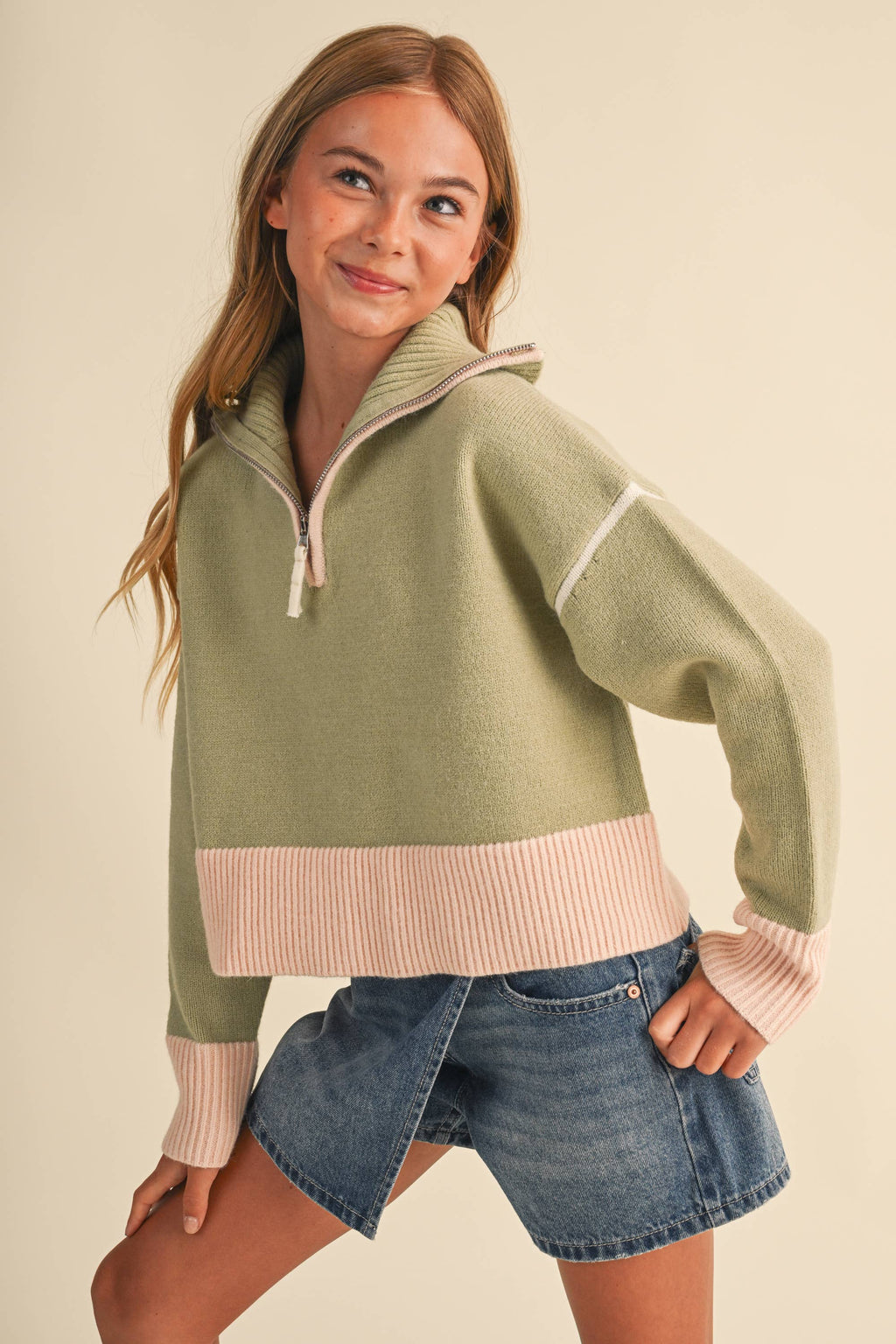 TWEEN KIDS GIRLS HALF ZIP COLLAR SWEATER (7-14)