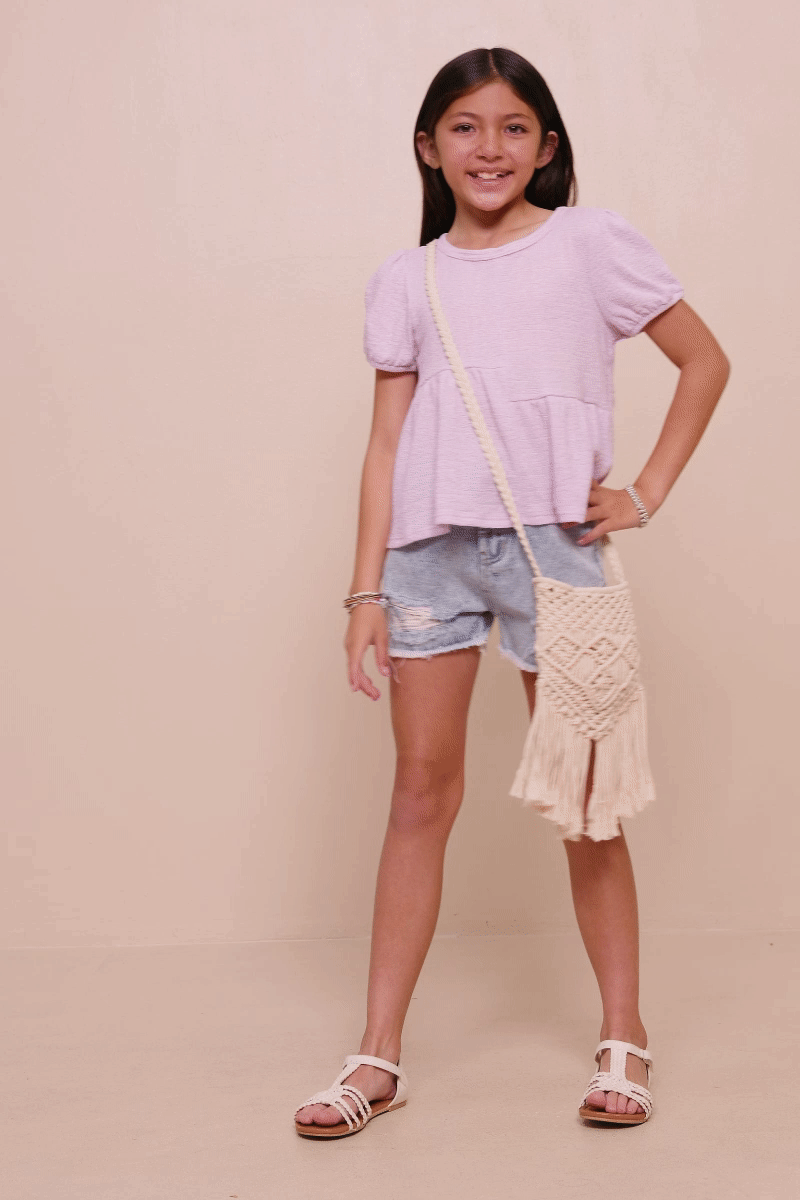 Girls Textured Puff Sleeve Asymmetric Panel Knit Top