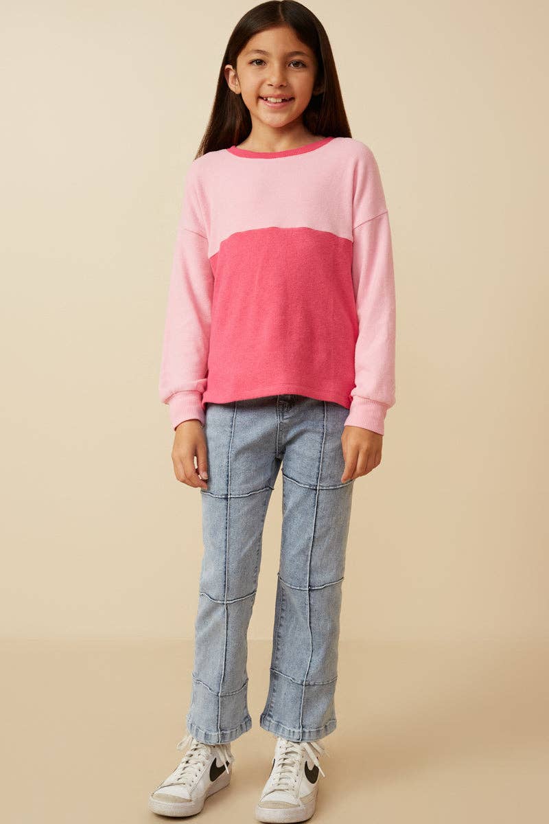 Girls Soft Brushed Color block Long Sleeve Knit Top