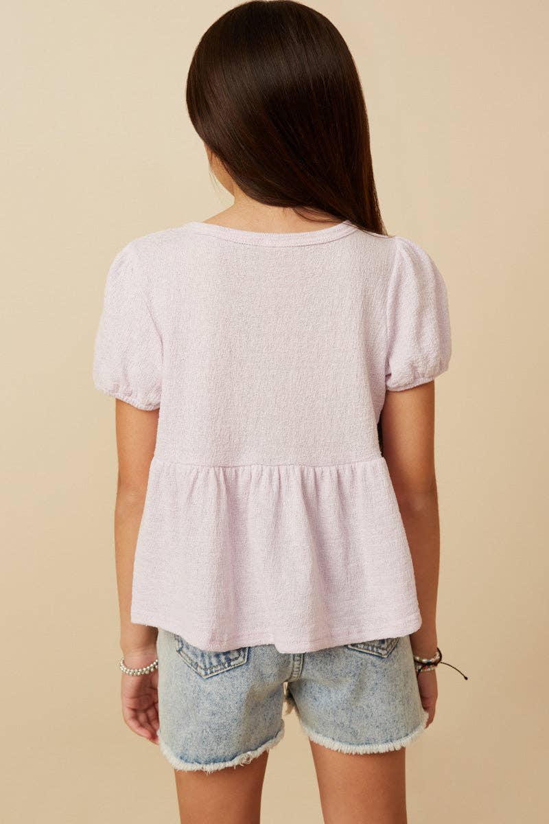 Girls Textured Puff Sleeve Asymmetric Panel Knit Top
