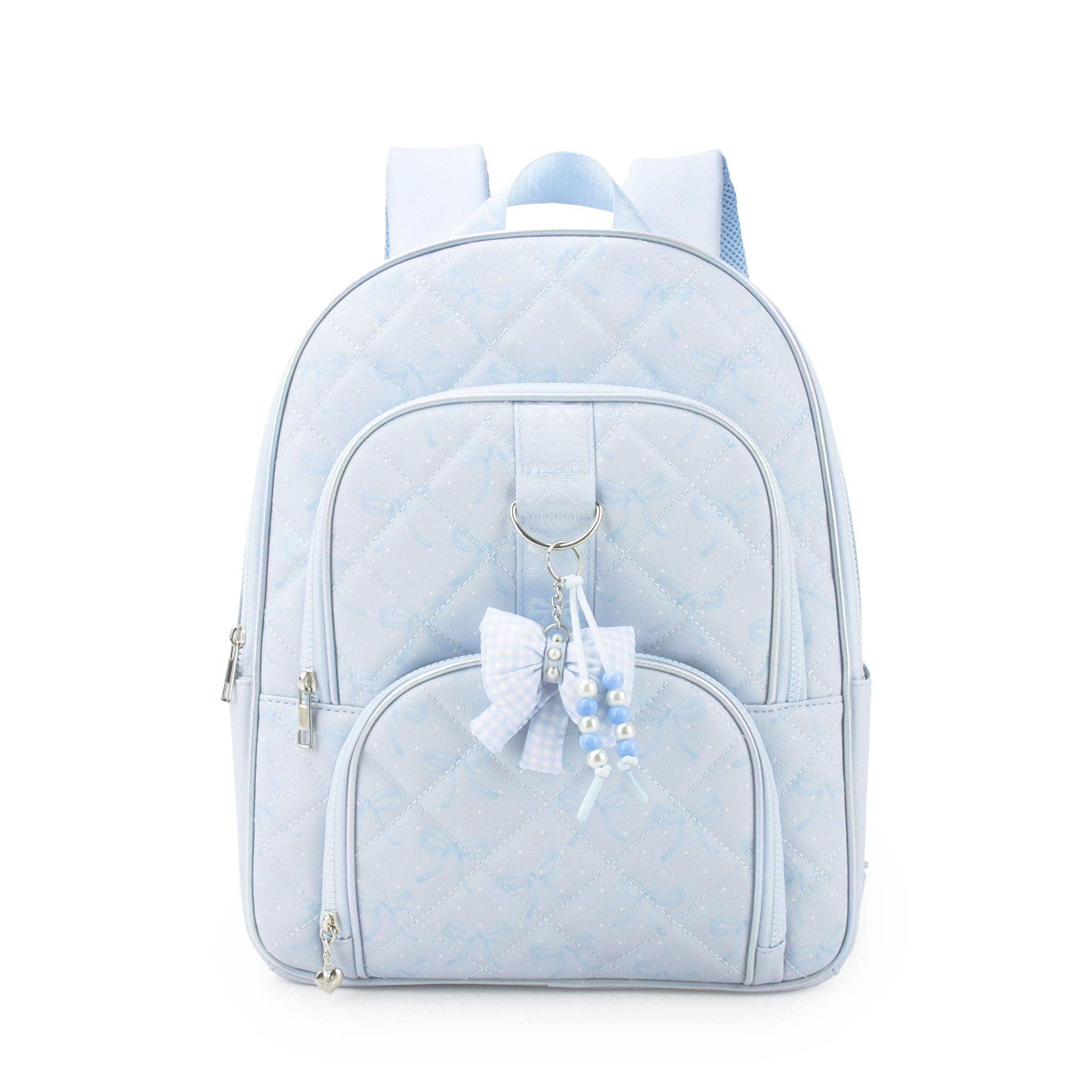 Bow Print Quilted Large Backpack with Charm
