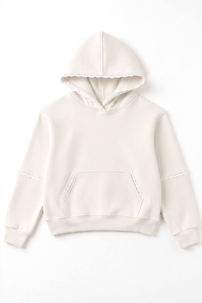 GKJ-Q27-38877B-WHT Girl's Pullover Hoodie w/ Crochet Trim