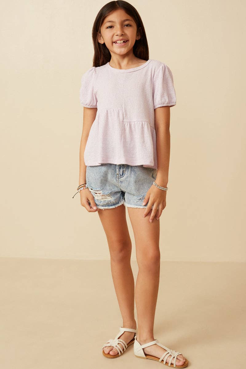 Girls Textured Puff Sleeve Asymmetric Panel Knit Top