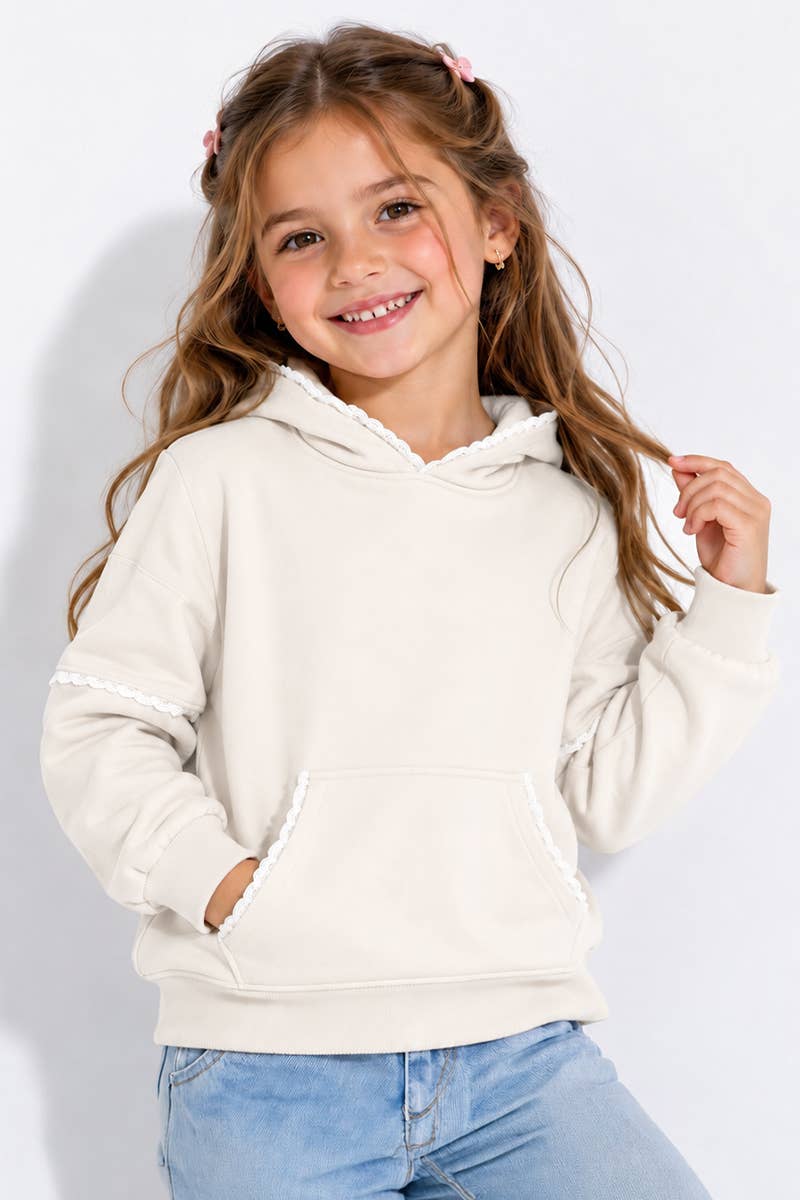 GKJ-Q27-38877B-WHT Girl's Pullover Hoodie w/ Crochet Trim