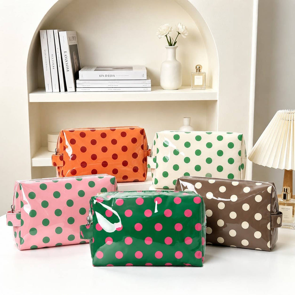 POLKA DOT Pink, Off White, Orange WATERPROOF CLEAR COSMETIC MAKEUP POUCH BAG |40P630