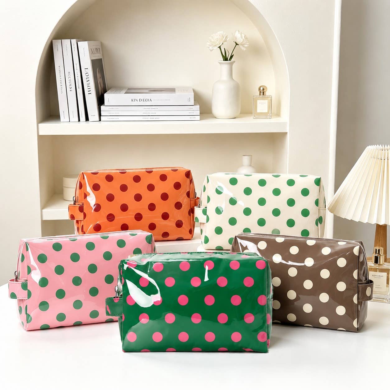 POLKA DOT Pink, Off White, Orange WATERPROOF CLEAR COSMETIC MAKEUP POUCH BAG |40P630