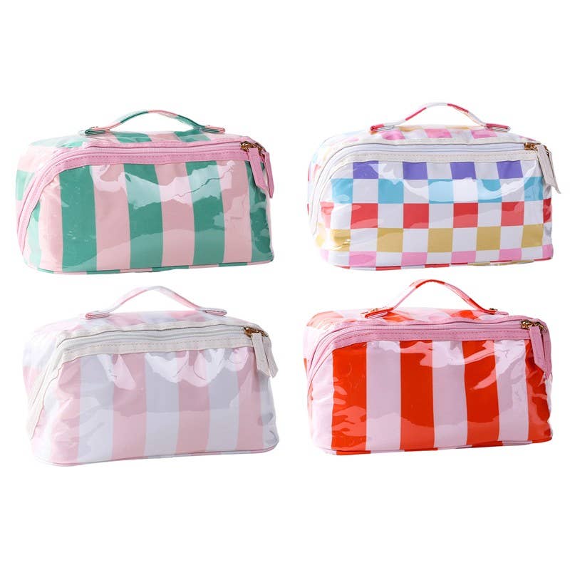 CHECKER STRIPED  Pink/Green, Red/Pink, Checker OPEN FLAT COSMETIC MAKEUP POUCH | 40P610