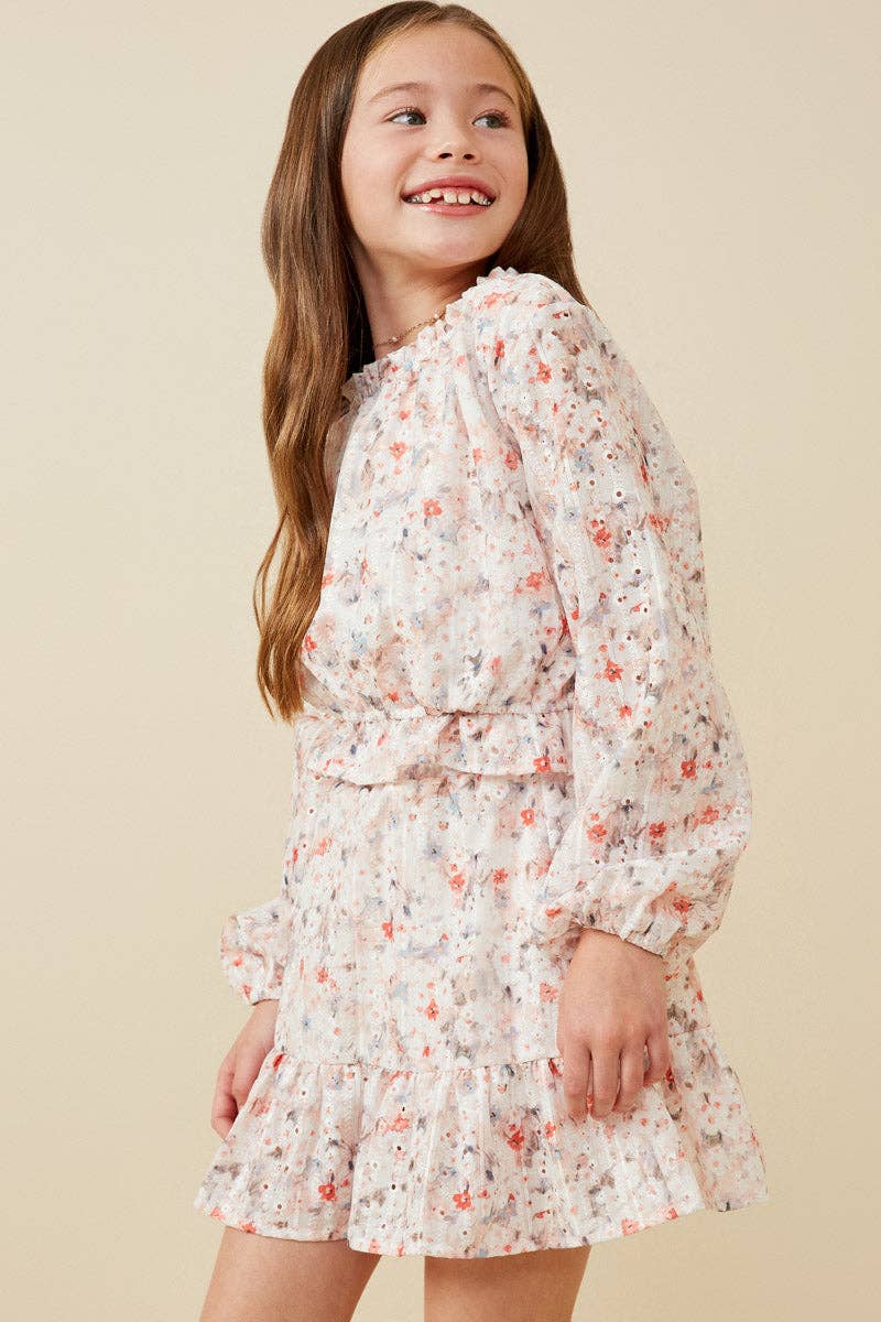 Girls Eyelet Embroidered Floral Cinch Waist Top