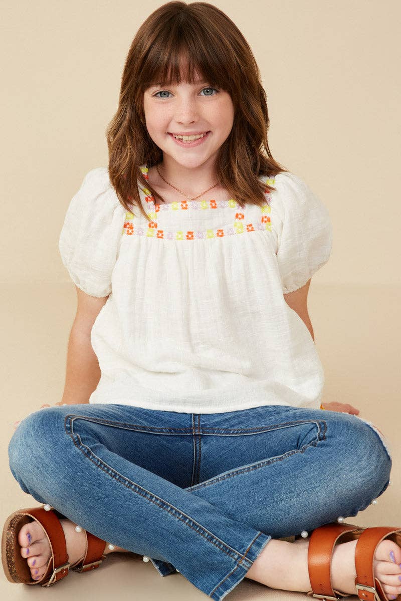 Hayden LA - Girls Contrast Floral Lace Square Neck Textured Top