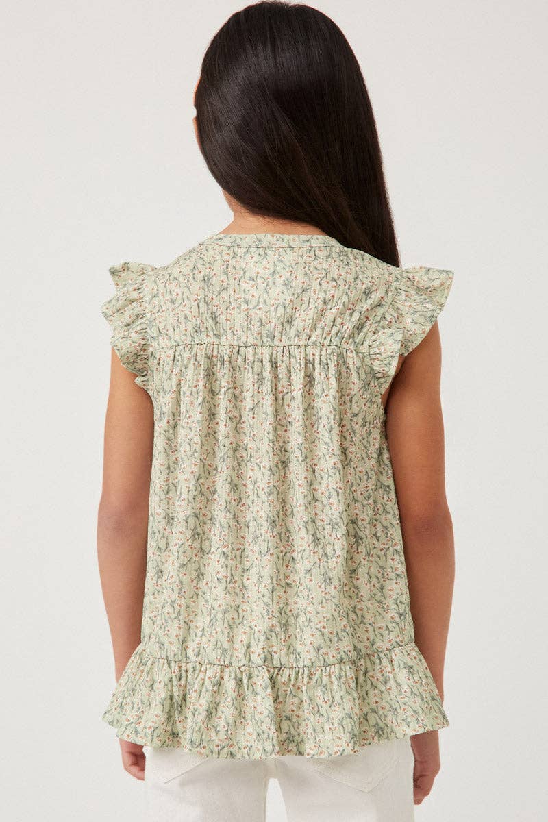 Girls Textured Floral Knit Ruffle Detail Tank
