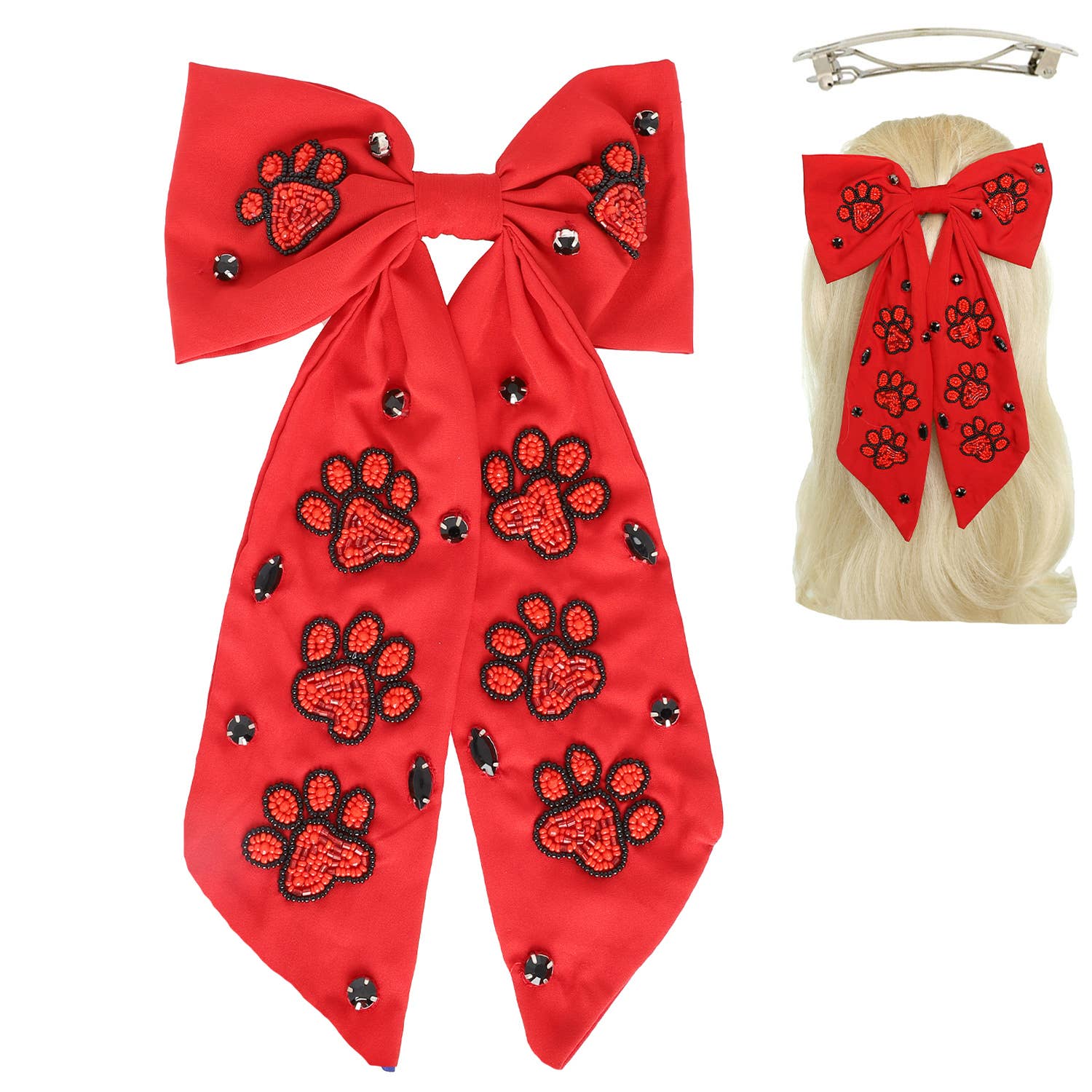 Bulldog  Black & Red Bow Barrette Hair Clip Paw Seed Bead Gemstone