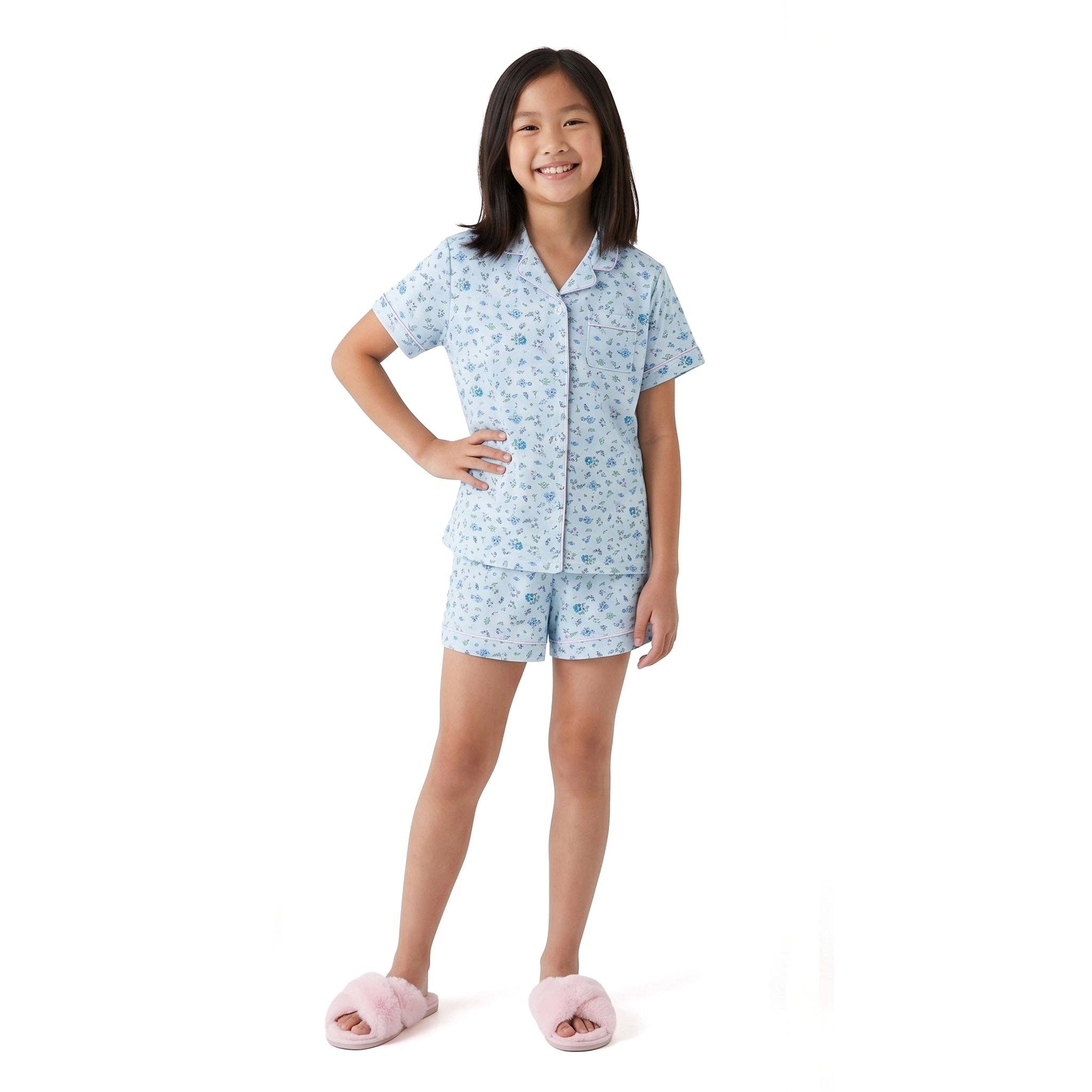 Tween Girls Buttondown Pajama Set | Blue Floral