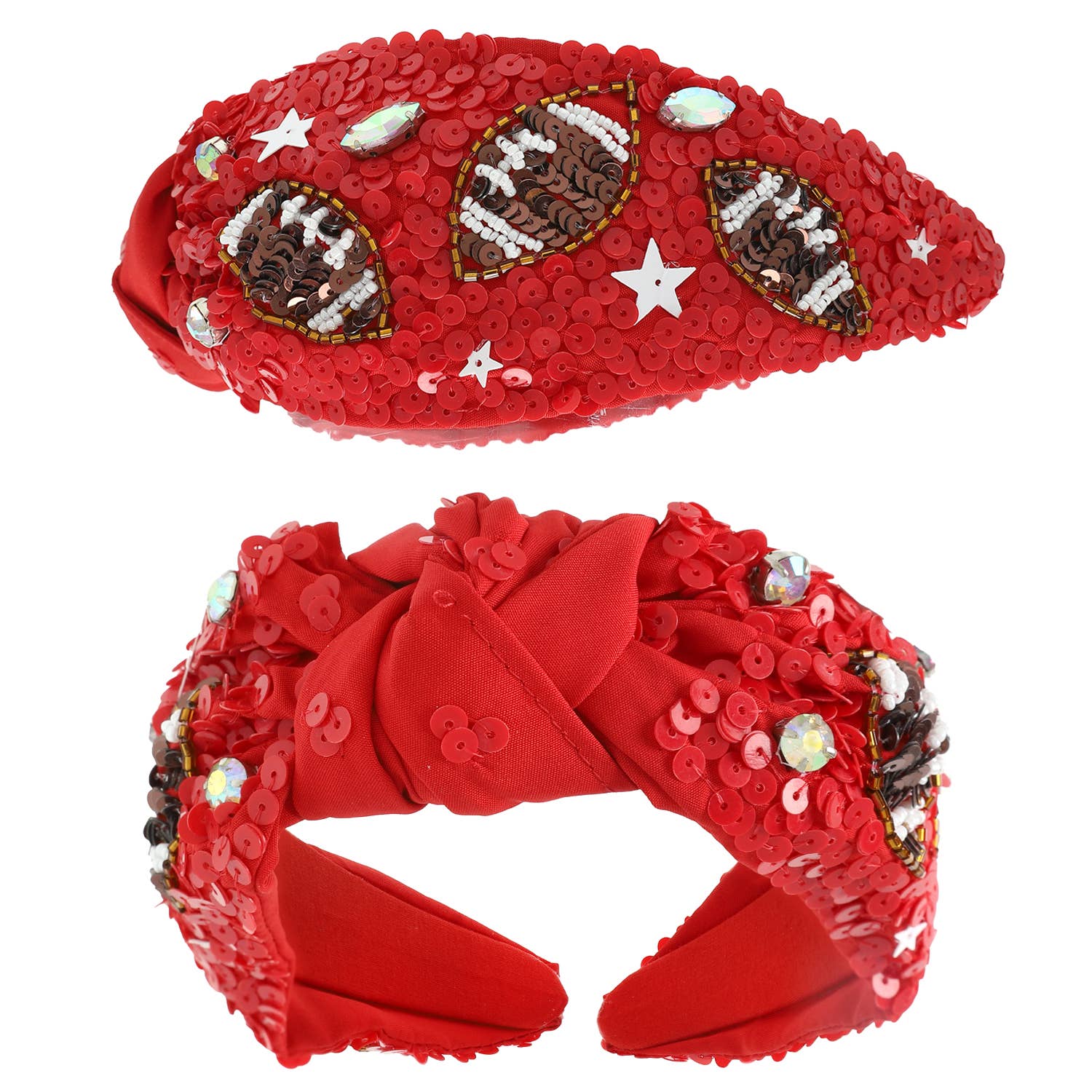 Red & Navy Football Top Knotted Jeweled Beaded Headband