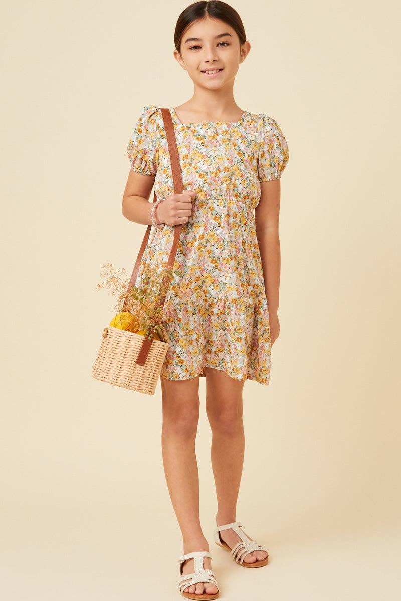 Girls Puff Sleeve Floral Tied Square Neck Dress