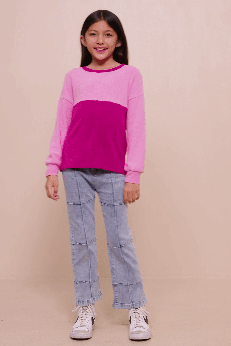 Girls Soft Brushed Color block Long Sleeve Knit Top
